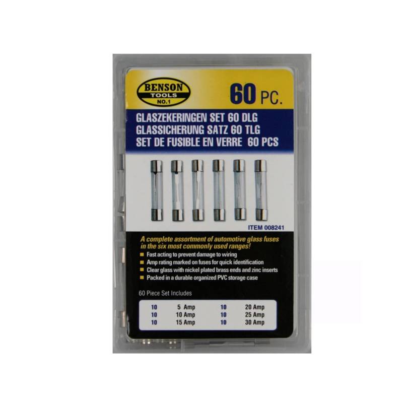 Glassicherungen 60tlg. 5-30A Sortiment KFZ Sicherungen Feinsicherungen von Benson Tools