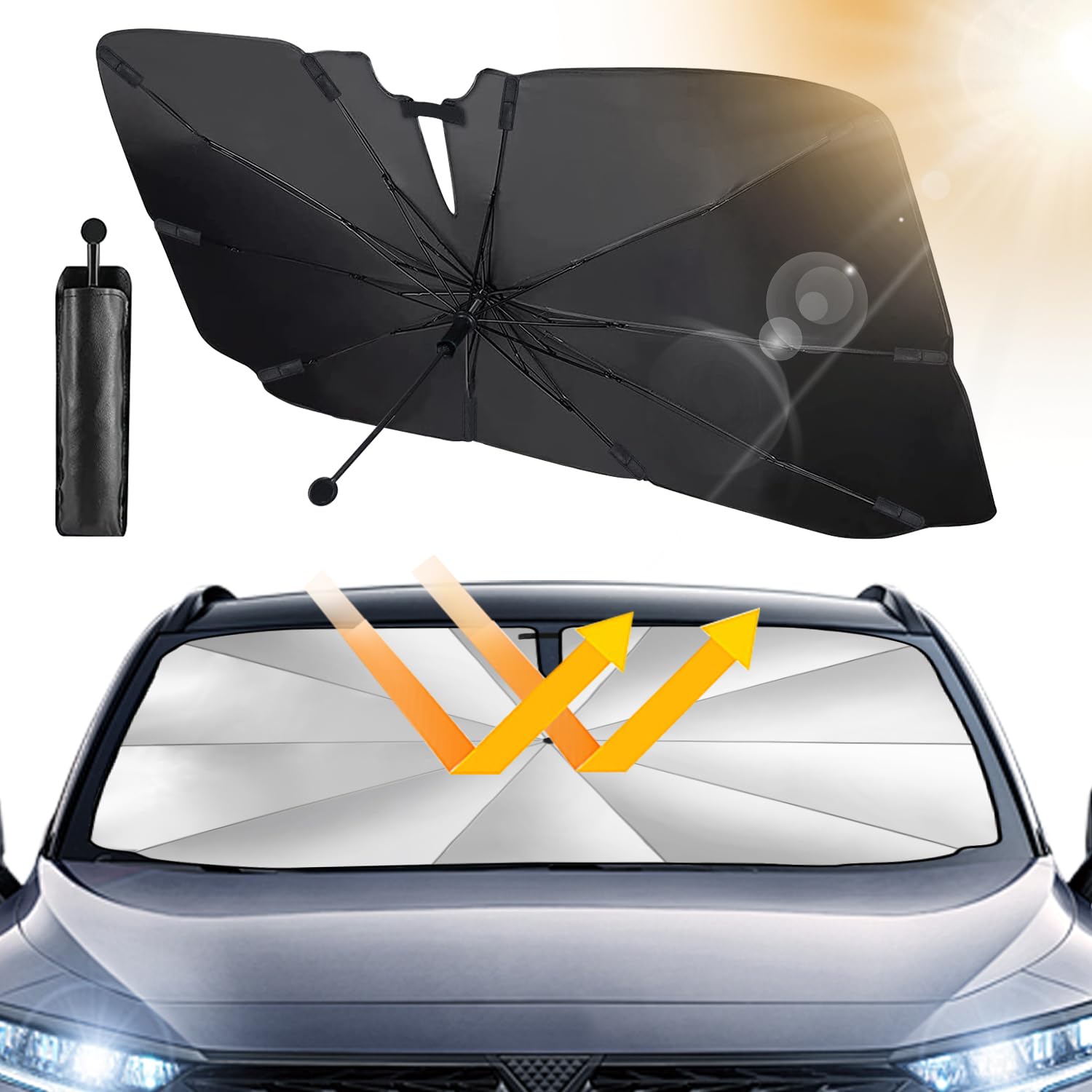 Beshine Sonnenschutz Frontscheibe, 2025 Drehbar Faltbar Auto-Sonnenschirm - Carbonfaser-Skelett, Wärmeisolierter, Effizienter UV-Schutz (145 x 83 cm) von Beshine