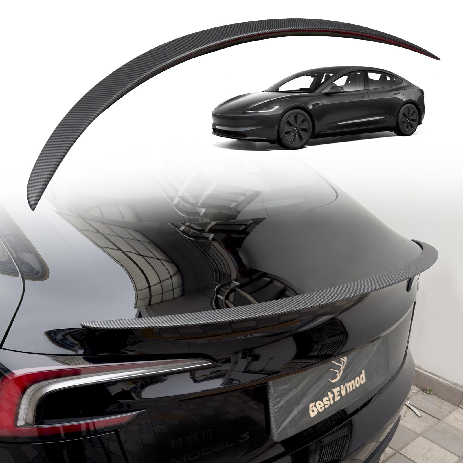 BestEvMod 2024 Tesla Refresh Model 3 Highland Rear Spoiler Wings OEM Style ABS für 2024 Refreshed Tesla Model 3 Highland Rear Trunk Spoiler Lip Tail Wing Rear Trunk Lid Zubehör (Matt Kohlefaser) von BestEvMod