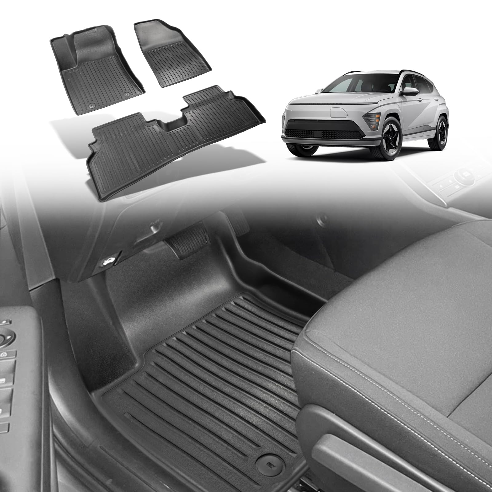 BestEvMod Allwetter-Fußmatten, kompatibel mit Hyundai Kona EV Electric 2024, Zubehör, rutschfest, 3D-Muster, TPE, strapazierfähig, Gummi, wasserdicht, schützt Bodeneinlage, 1. und 2. Reihe (EU-Modell) von BestEvMod