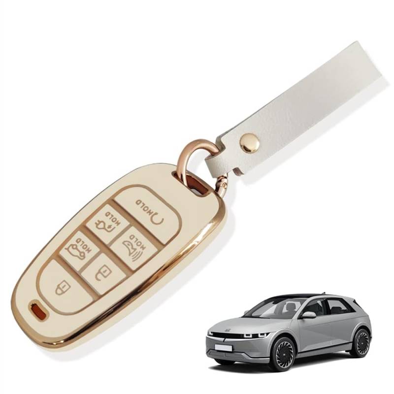 BestEvMod Für Ioniq5 Schlüsselanhänger Abdeckung Zubehör, Schlüsselgehäuse mit Schlüsselanhänger TPE Fernbedienung Schlüsselhülle Kompatibel mit 2022 2023 Hyundai Ioniq 5 Zubehör (6 Tasten, Weiß) von BestEvMod