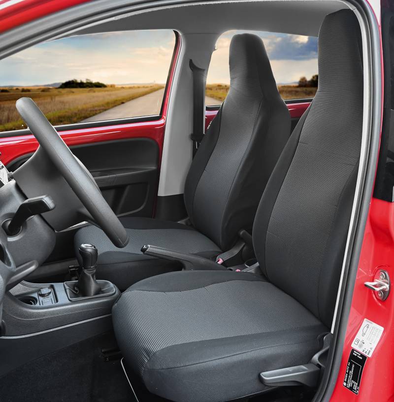 Passgenaue Stoff Sitzbezüge kompatibel mit Peugeot 108 ab 2014 Fahrzeugspezifisch Schwarz Vorne von BesteKauf