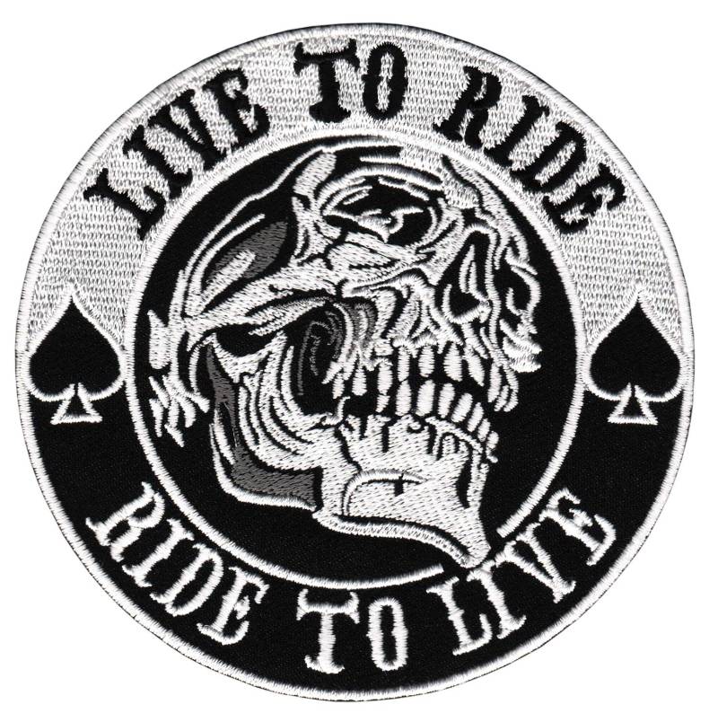 Totenkopf Live to Ride Pik Ride to Live Biker Aufnäher Bügelbild Patch Größe 9,7 x 9,7 cm von Bestellmich / Aufnäher
