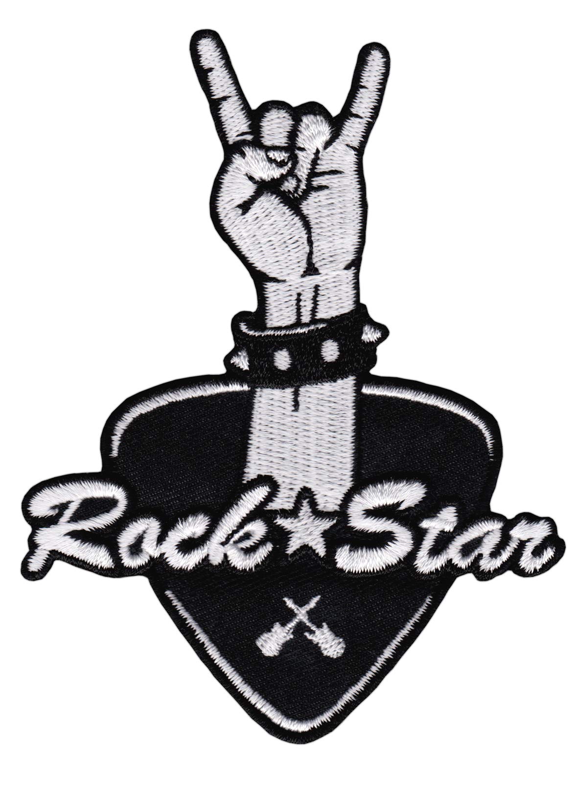 Bestellmich Rock Star Handzeichen Musik Plektrum gestickter Aufnäher Bügelbild Patch Applikation Größe 8,5 x 11,0 cm von Bestellmich