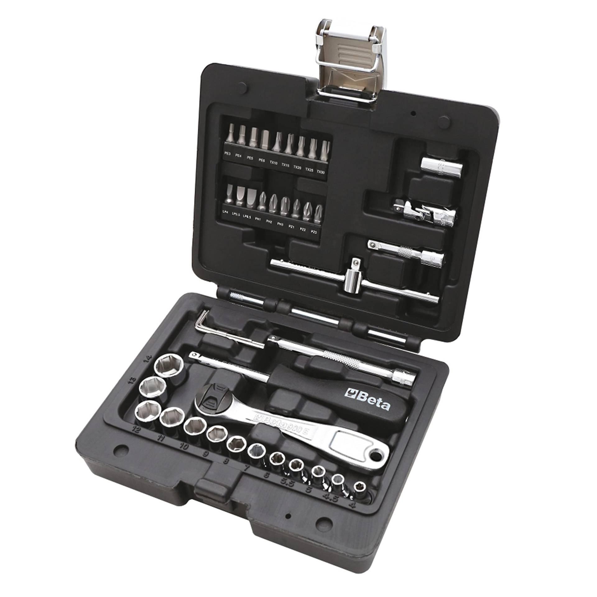 Beta 903E/42 42-teiliger Werkzeugkoffer, Werkzeugkasten (13 Sechskant Steckschlüssel, 18 Schraubeinsätze, 4 gebogene Sechskant-Stiftschlüssel und 7 Betätigungswerkzeuge, im Kunststoffkasten), Silber von Beta