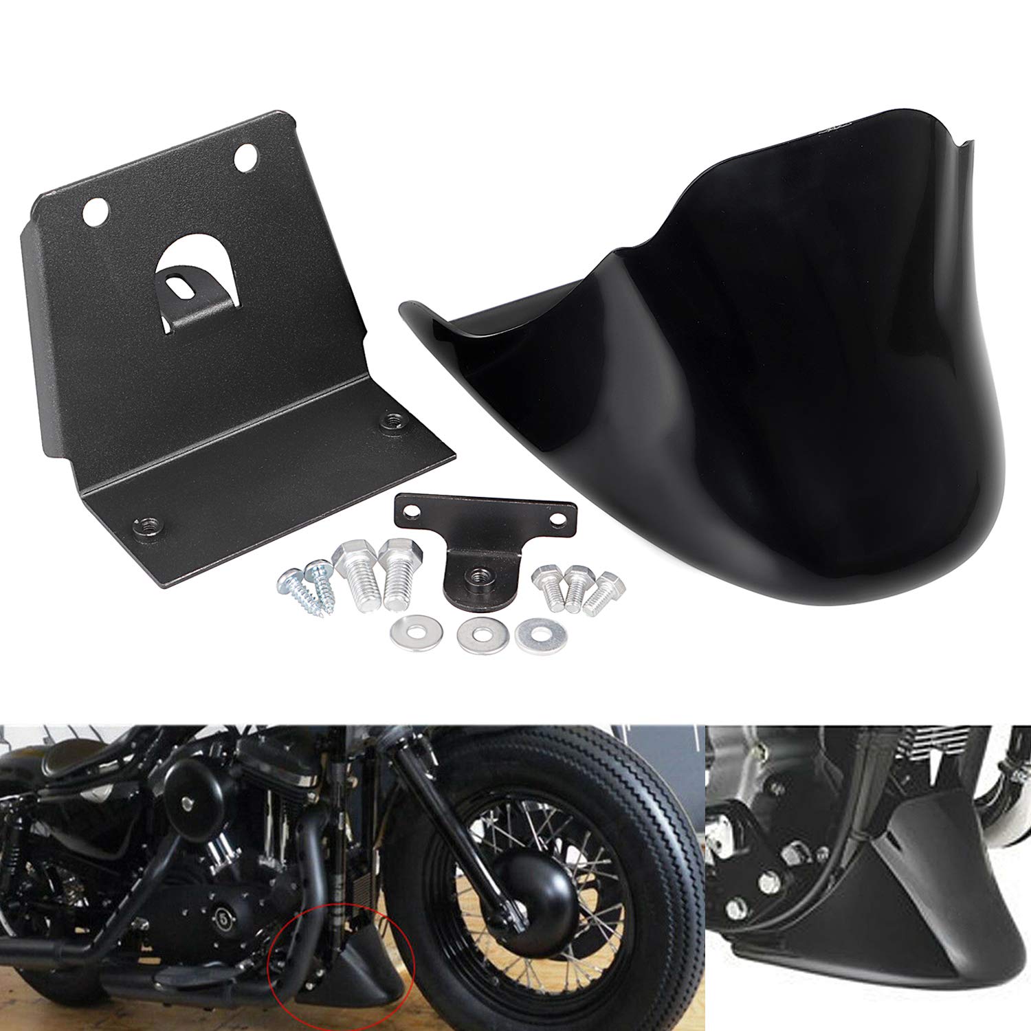 Bid4ze Glänzende schwarze Front-Kinnspoilerabdeckung + Halterung für 2004–2014 Harley Sportster XL 883 883C 1200C Custom Low von Bid4ze