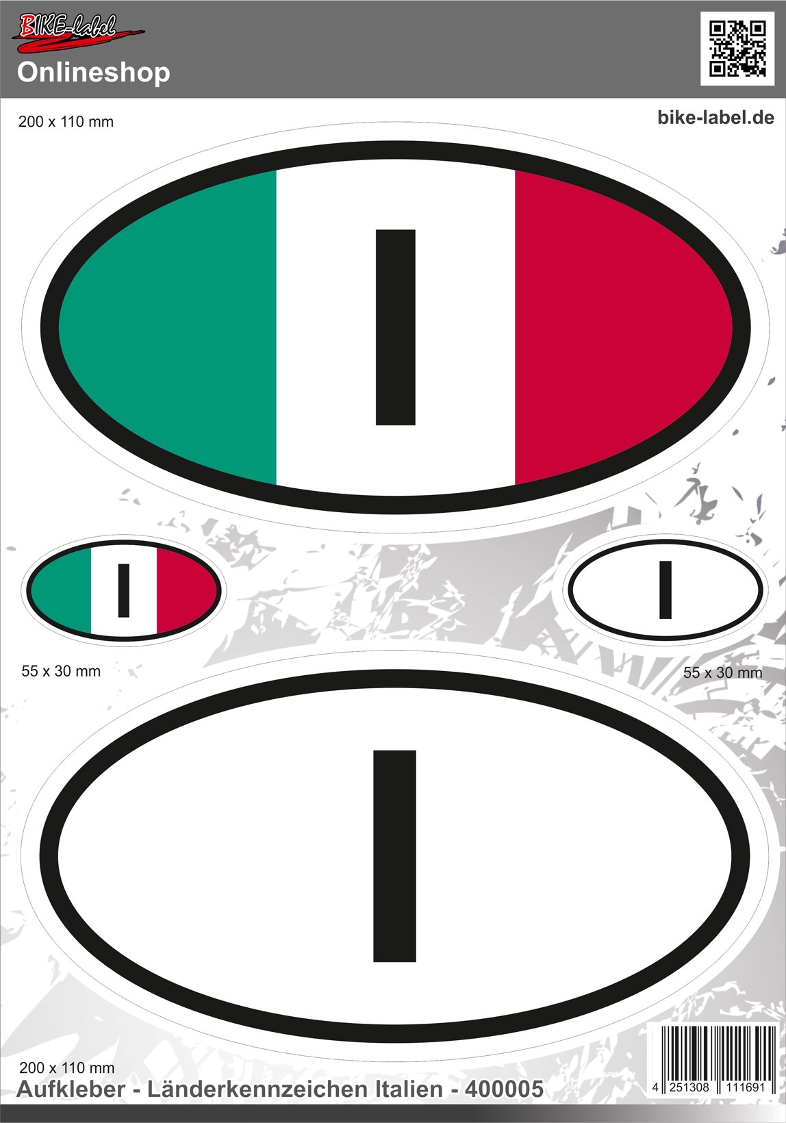 BIKE-label Länderkennzeichen Aufkleber 2D Italien für Auto Motorrad Tür Camper Sticker 400005 von BIKE-label