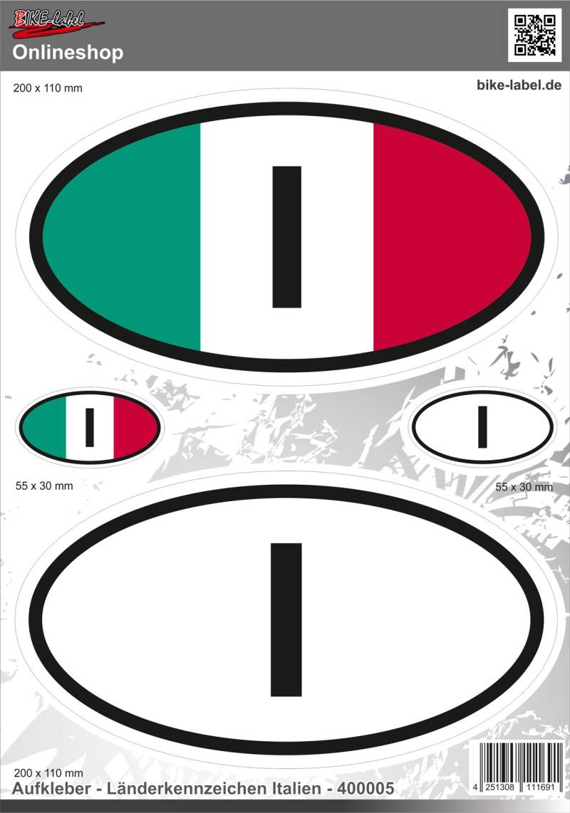 BIKE-label Länderkennzeichen Aufkleber 2D Italien für Auto Motorrad Tür Camper Sticker 400005 von BIKE-label