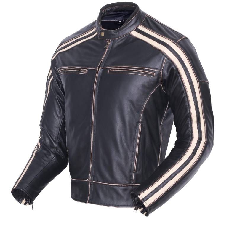 Retro-Motorrad-Jacke „The Bonnie“, Farbe: Schwarzer Kaffee, Rennjacke, 100% Rindsleder, mit CE-Armour-Protektor, elfenbeinfarbene Streifen von Bikers Gear Australia