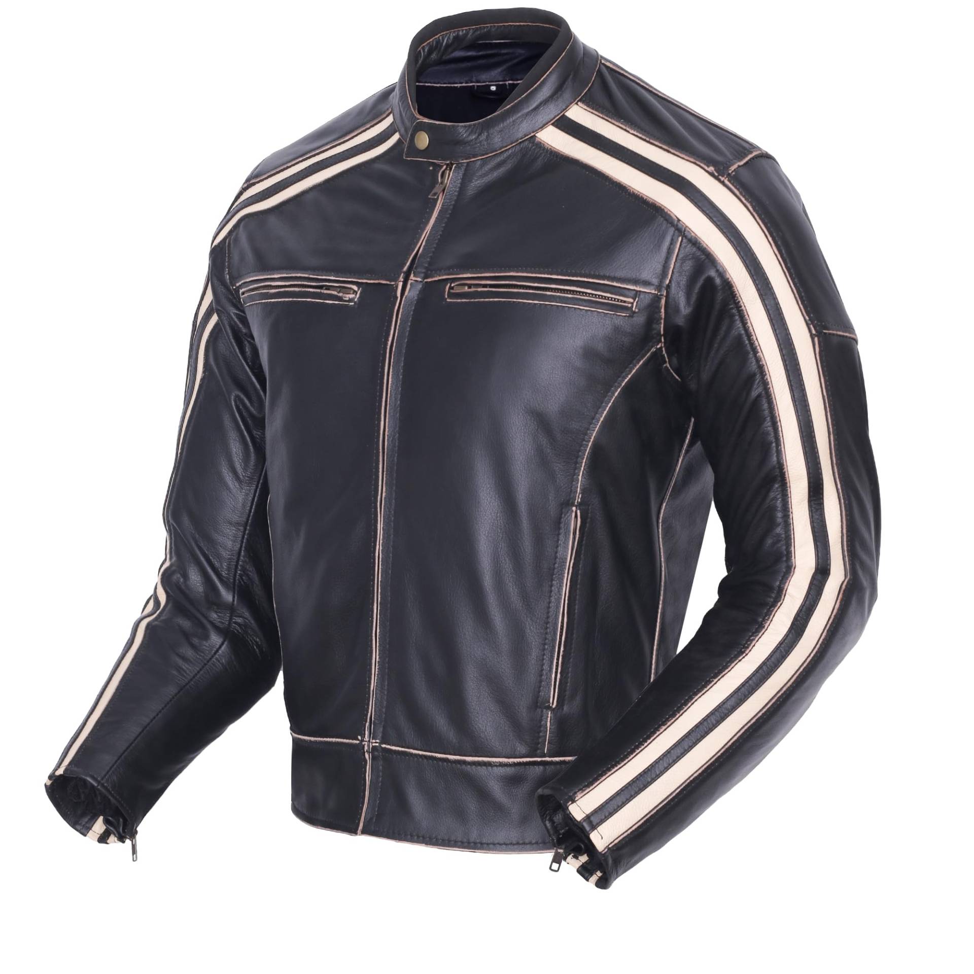 Retro-Motorrad-Jacke „The Bonnie“, Farbe: Schwarzer Kaffee, Rennjacke, 100% Rindsleder, mit CE-Armour-Protektor, elfenbeinfarbene Streifen von Bikers Gear