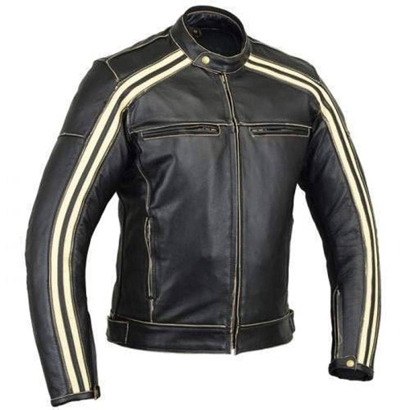 Retro Schwarz Cafe Racer die Bonnie 100% Bovine Leder Motorrad-Jacke CE Armoured – Orange Harley Streifen Gr. S, Schwarz - Schwarz von Bikers Gear Australia