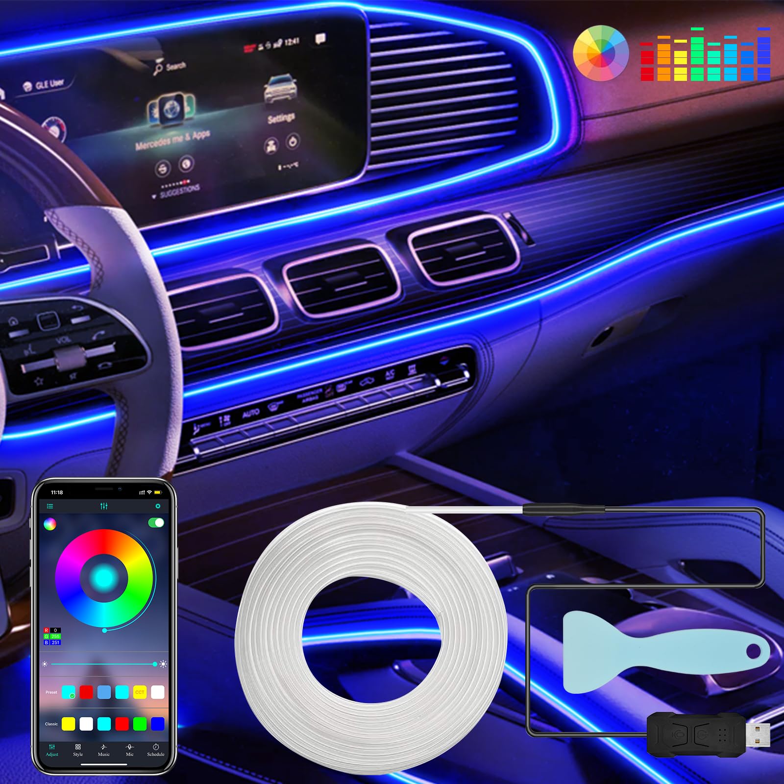 Auto LED Innenbeleuchtung mit APP: 5 m Auto-Innen-LED-Streifen mit USB-Anschluss, 5 V wasserdichter Auto-Innenbeleuchtungsstreifen, geeignet für jedes Automodell, Umgebungsbeleuchtung Auto LED Innenbeleuchtung mit APP: 5 m Auto-Innen-LED-Streifen mit USB-Anschluss, 5 V wasserdichter Auto-Innenbeleuchtungsstreifen, geeignet für jedes Automodell, Umgebungsbeleuchtung von Bilivry