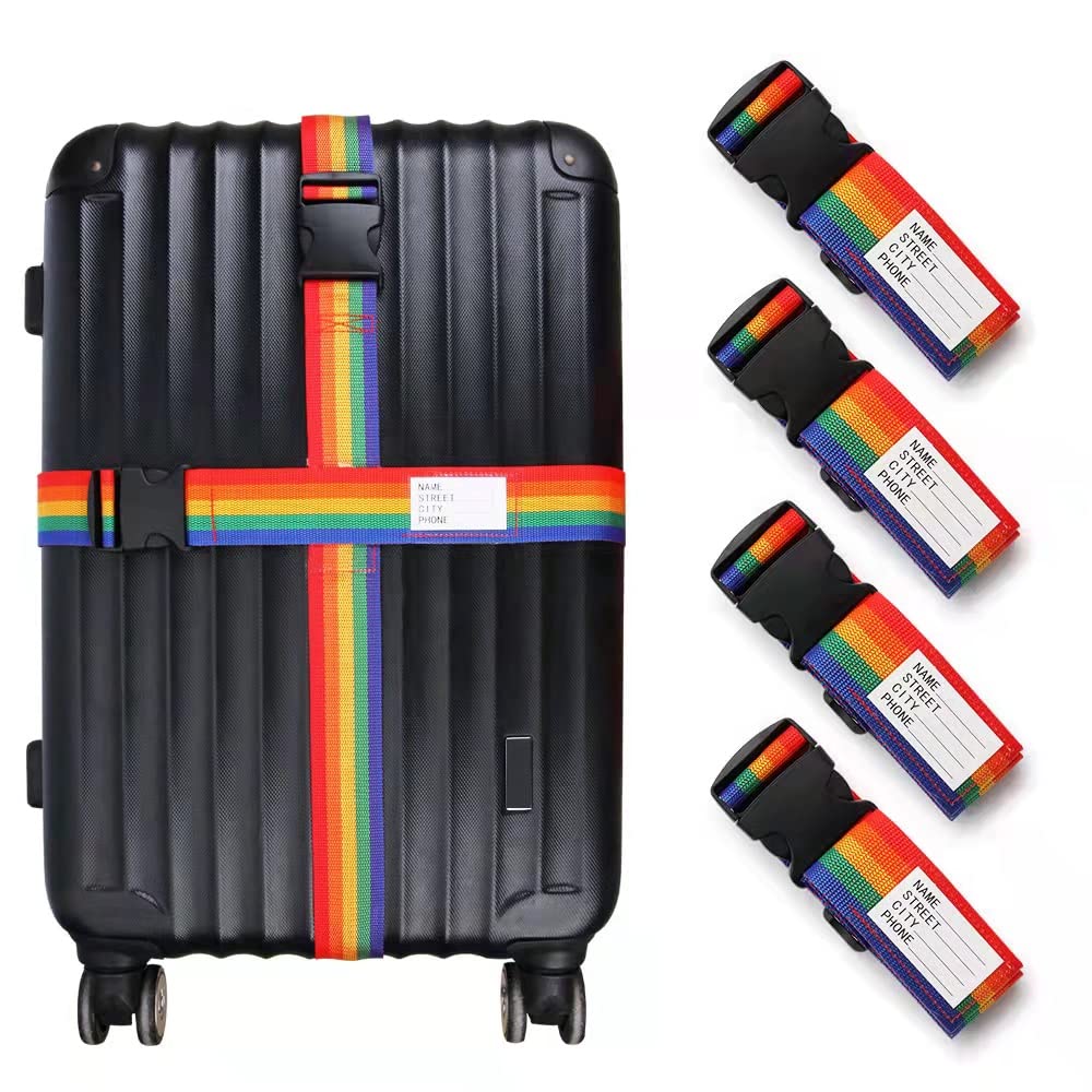 4 Stück Regenbogen Verstellbare Koffer Gepäckgurte(200cm x 5cm),Strapazierfähig Gepäckgurte für Koffer Namensschild,Personalisiert Koffergurte Set Kofferband Gepäckband Gepäckriemen(Regenbogen) von Bimormat