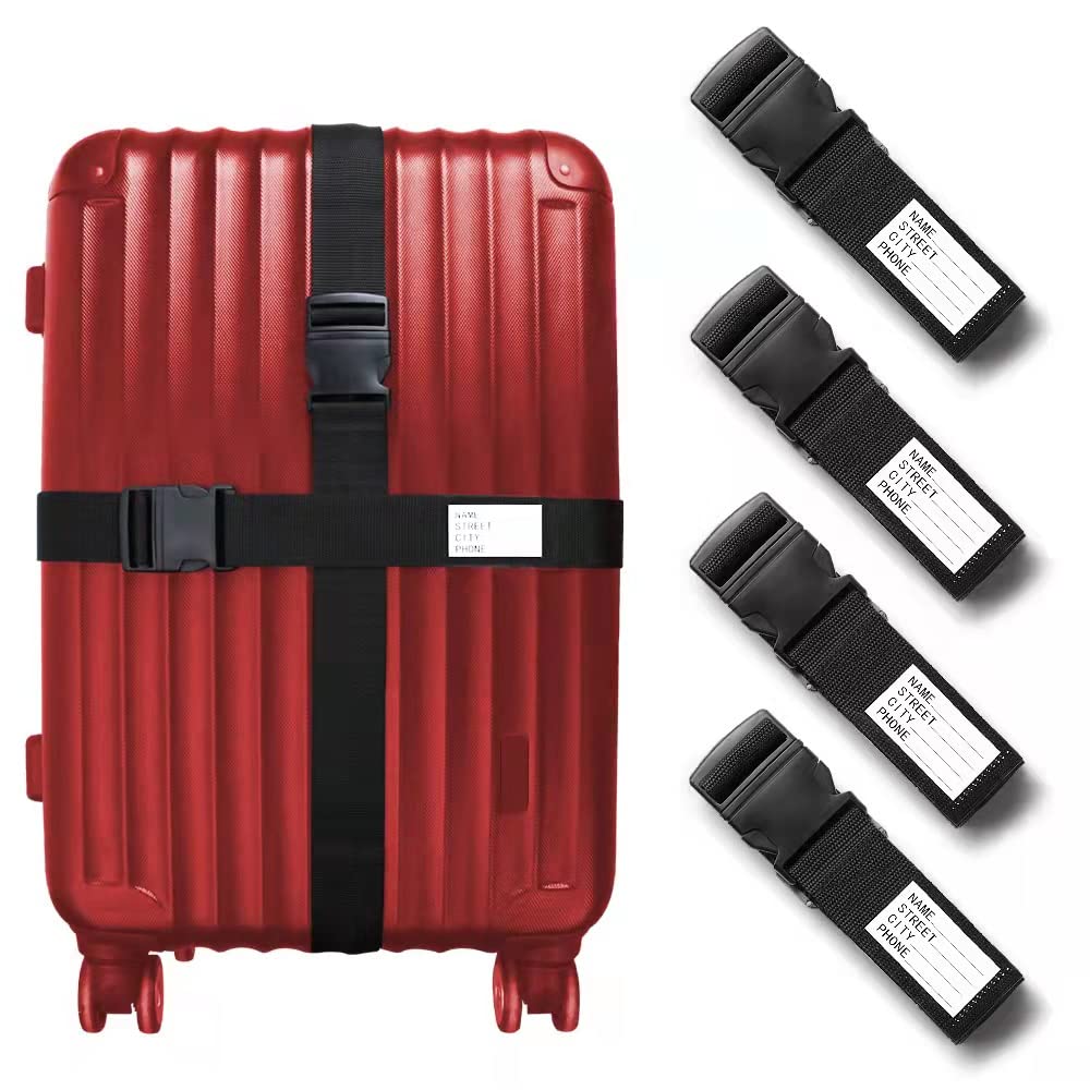 4 Stück Schwarz Verstellbare Koffer Gepäckgurte(200cm x 5cm),Strapazierfähig Gepäckgurte für Koffer Namensschild,Personalisiert Koffergurte Set Kofferband Gepäckband Gepäckriemen(Schwarz) von Bimormat