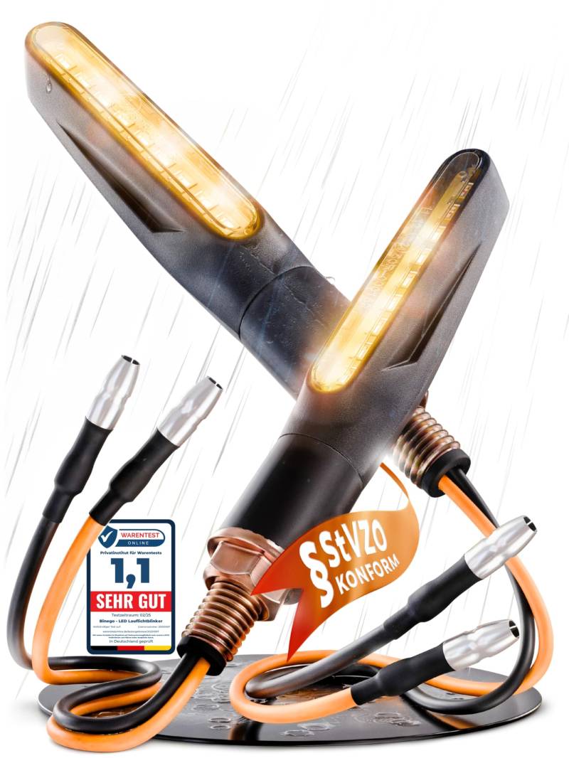 Binego® 4x LED Blinker Motorrad E Geprüft mit Lauflicht LED | Universelle Mini Blinker Moped Zubehör | StVZO konform (2er Set) von Binego