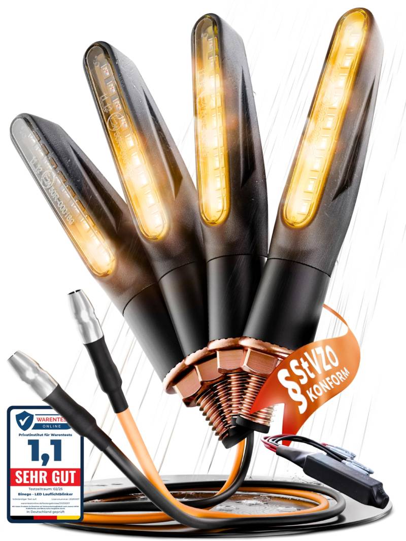 Binego® 4x LED Blinker Motorrad E Geprüft mit Lauflicht LED + Lastwiderstände | Universelle Mini Blinker Moped Zubehör | StVZO konform von Binego