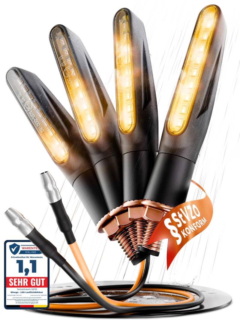 Binego® 4x LED Blinker Motorrad E Geprüft mit Lauflicht LED | Universelle Mini Blinker Moped Zubehör | StVZO konform (4er Set) von Binego