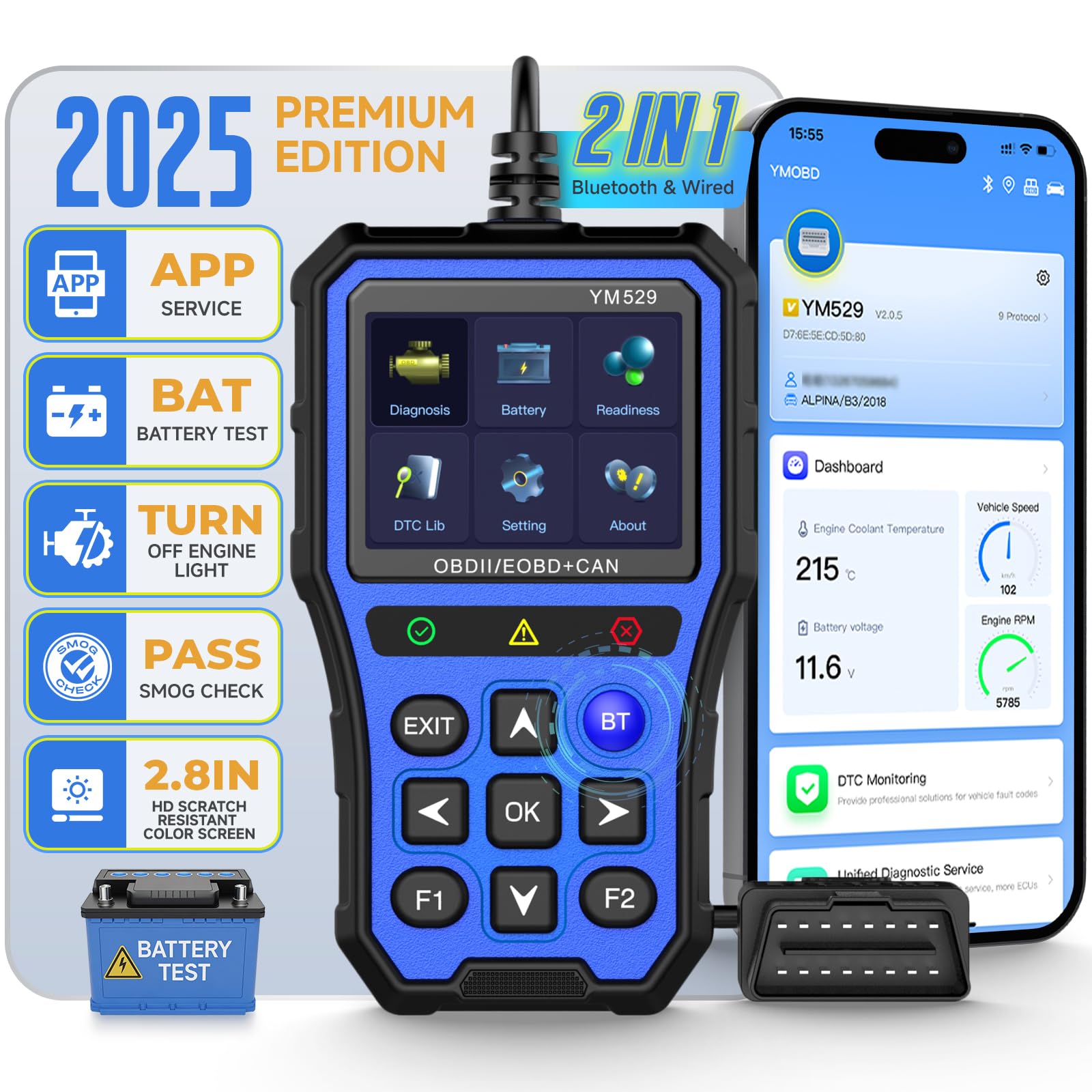 BingoHive Bluetooth OBD2 Diagnosegerät Scanner mit Batterietester, Überwachung & Lebensdauertest - Fahrzeugdiagnose auf iPhone und Android, 2,8 Zoll großes Farbdisplay, TPU-Schutzhülle (Blau) von BingoHive