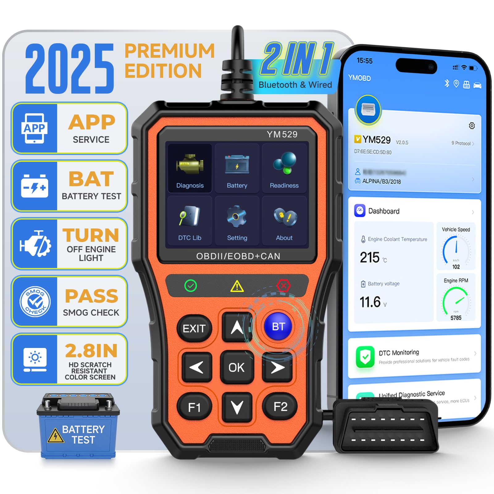 BingoHive Bluetooth OBD2 Diagnosegerät Scanner mit Batterietester, Überwachung & Lebensdauertest - Fahrzeugdiagnose auf iPhone und Android, 2,8 Zoll großes Farbdisplay, TPU-Schutzhülle (Orange) von BingoHive