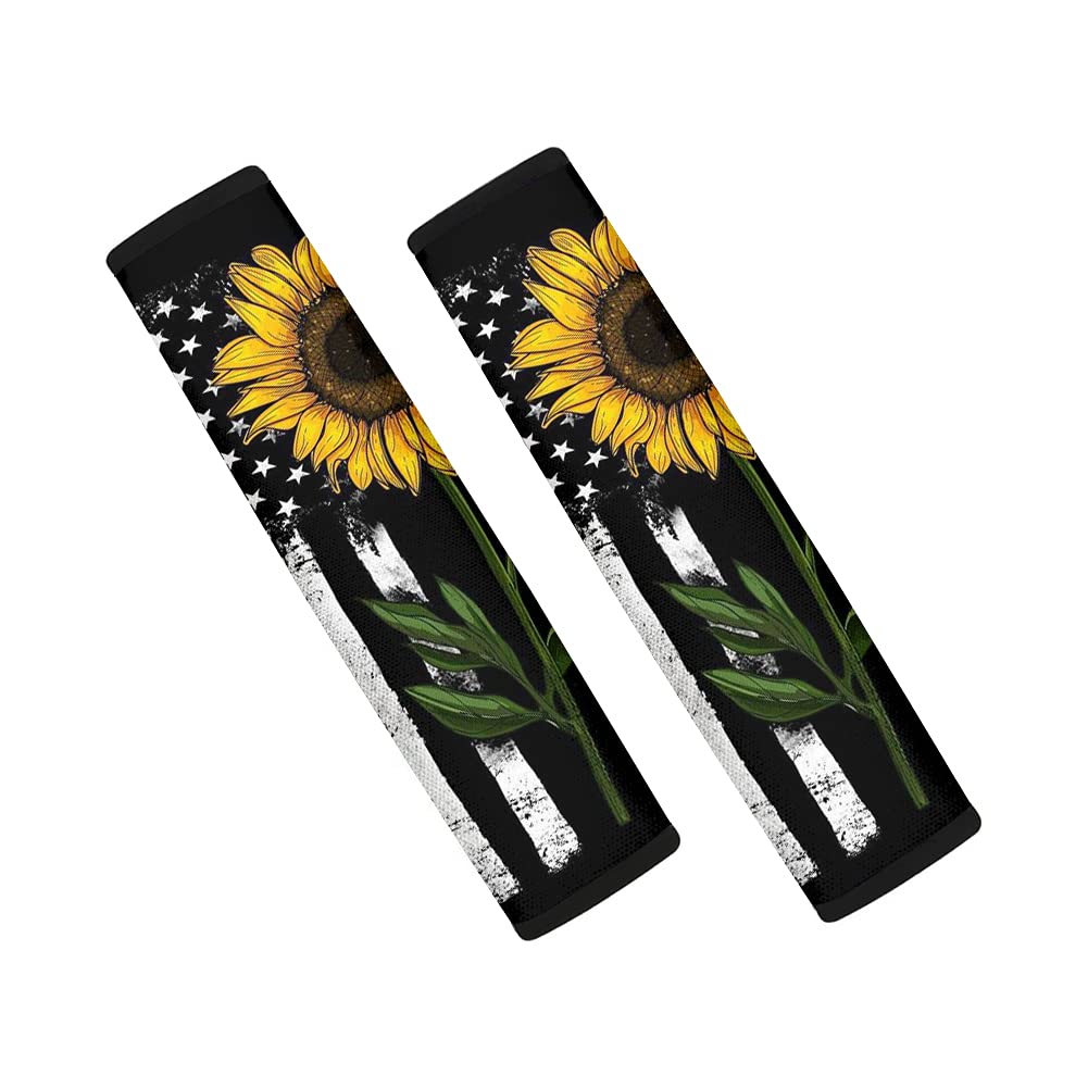Binienty 2 Packungen Auto-Sicherheitsgurt-Polster für Frauen und Mädchen, Vintage-amerikanische Flagge mit Sonnenblumen-Druck, strapazierfähige Gurtpolster von Binienty