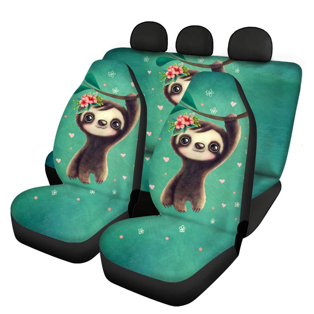 Binienty 4 Packungen Komplettes Set Autositzbezug-Schutz-Zubehör für Frauen, bezauberndes Baby-Faultier mit Blumendruck, langlebige Stretch-Sitzbezüge für vorne und hinten von Binienty