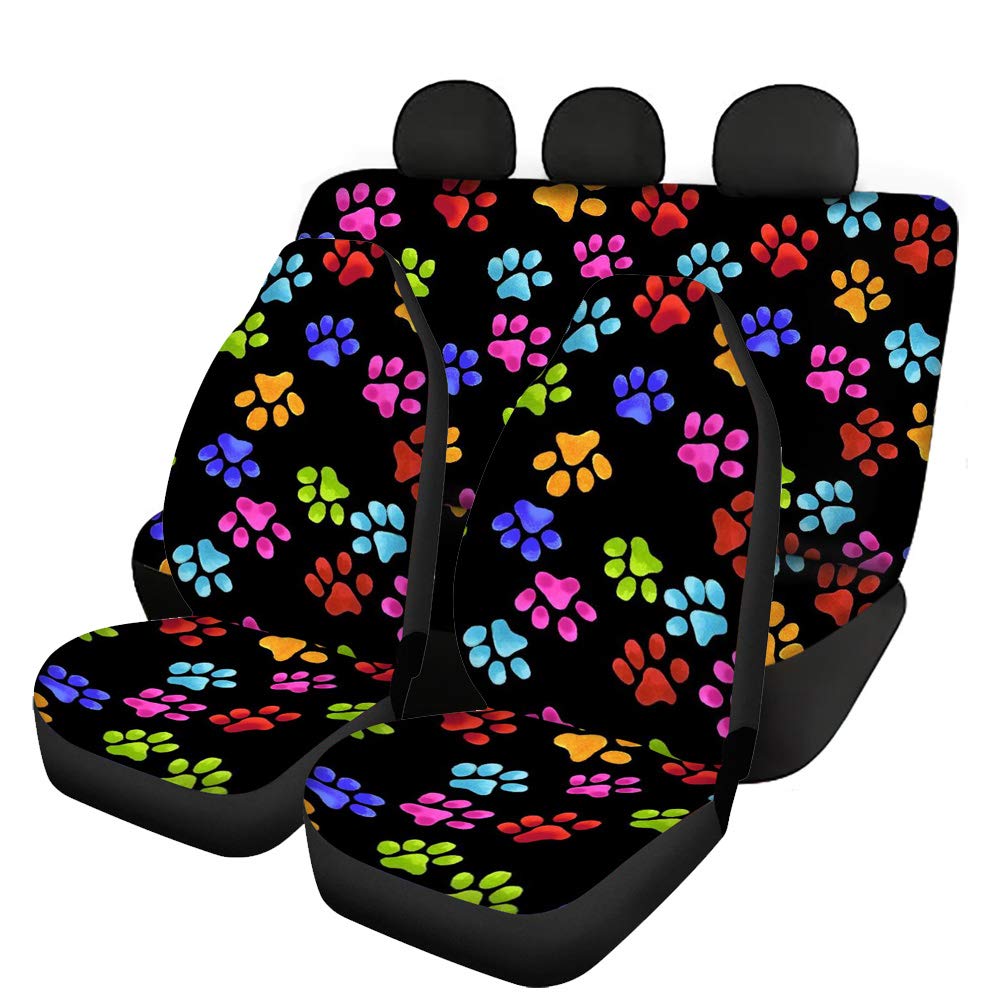 Binienty Auto-Dekor-Zubehör, Autositz-Kissenbezug für vorne und hinten, 4 Packungen, Regenbogenfarben, bunte Hundepfoten, Fußabdruck-Design, weiche Autositzbezüge von Binienty