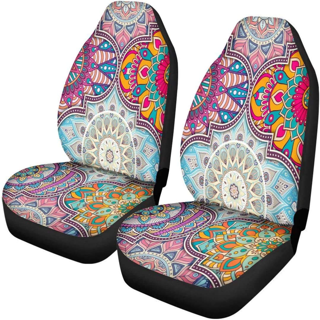 Binienty Dekorative Autositzbezüge für Vordersitze, buntes Mandala-Blumenmuster, Boho-Stil, Autozubehör für Damen, universelle Passform, 2 Stück von Binienty