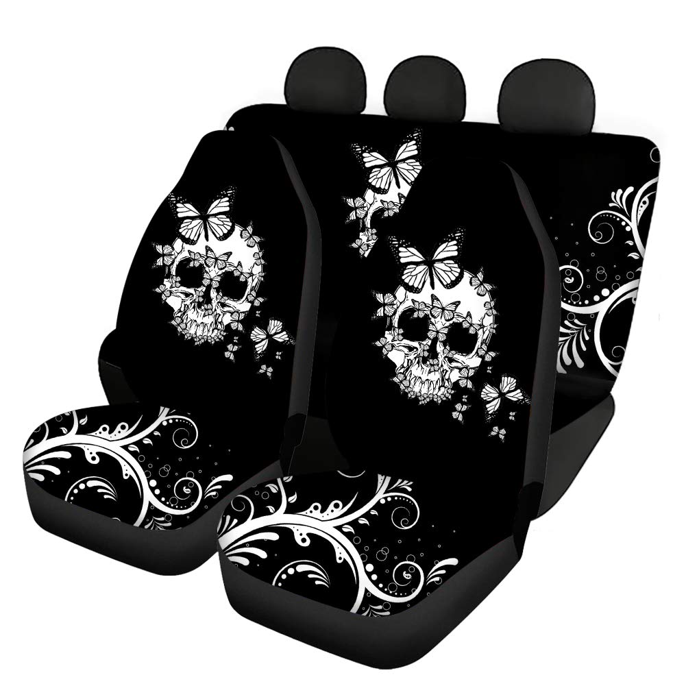 Binienty Autositzbezüge, für Vorder-/Rückbank, 4-teiliges Set, Motiv: Schmetterling mit menschlichem Totenkopf-Muster, personalisierte Autositzbezüge von Binienty
