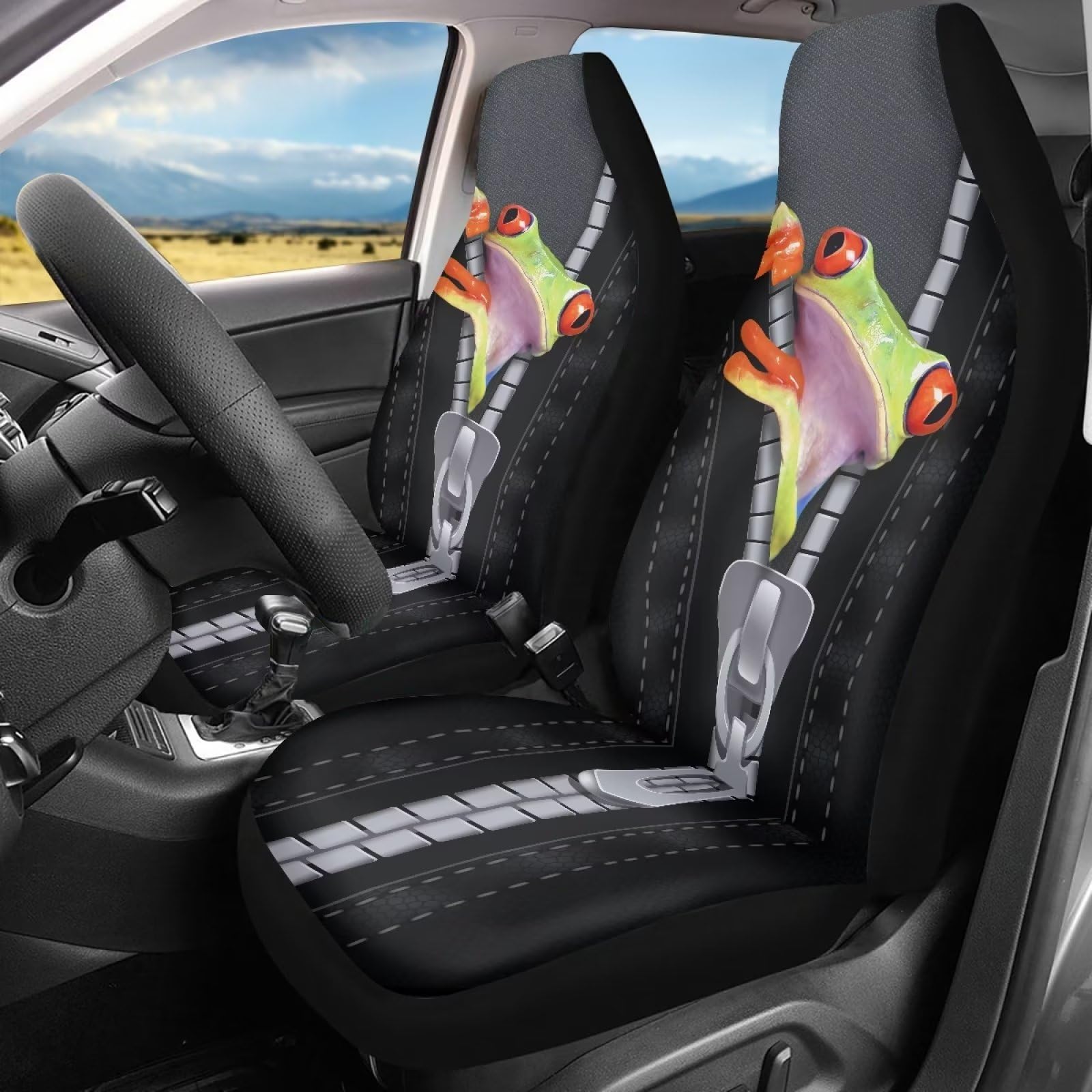 Binienty Autositzbezüge, niedliches Frosch-Design, strapazierfähig, langlebig, 3D-Reißverschluss, Frosch-Front-Sitzbezug, universal, passend für die meisten Autos von Binienty