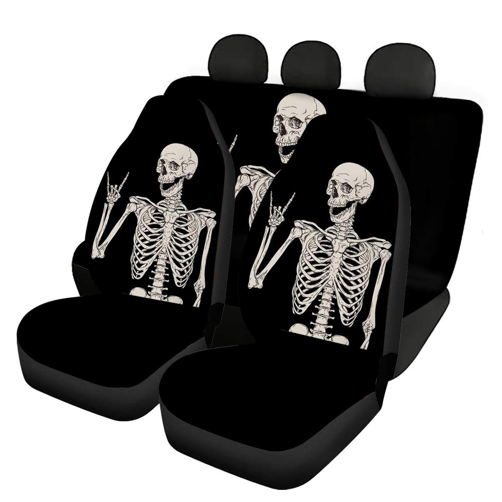 Binienty Autositzbezüge aus Stretch-Stoff für vorne und hinten, neuartiges menschliches Skelett-Totenkopf-Muster, 4 Stück, dekorativer Sitzkissenbezug, passend für die meisten Fahrzeuge von Binienty
