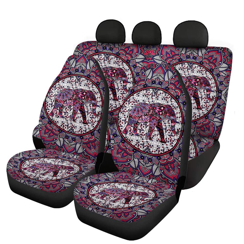 Binienty Dekorative Autositzbezüge, 4-teiliges vollständiges Set für Vorder- und Rückseite, indischer Hippie-Tribal-Elefanten-Druck, Autositzschutz von Binienty