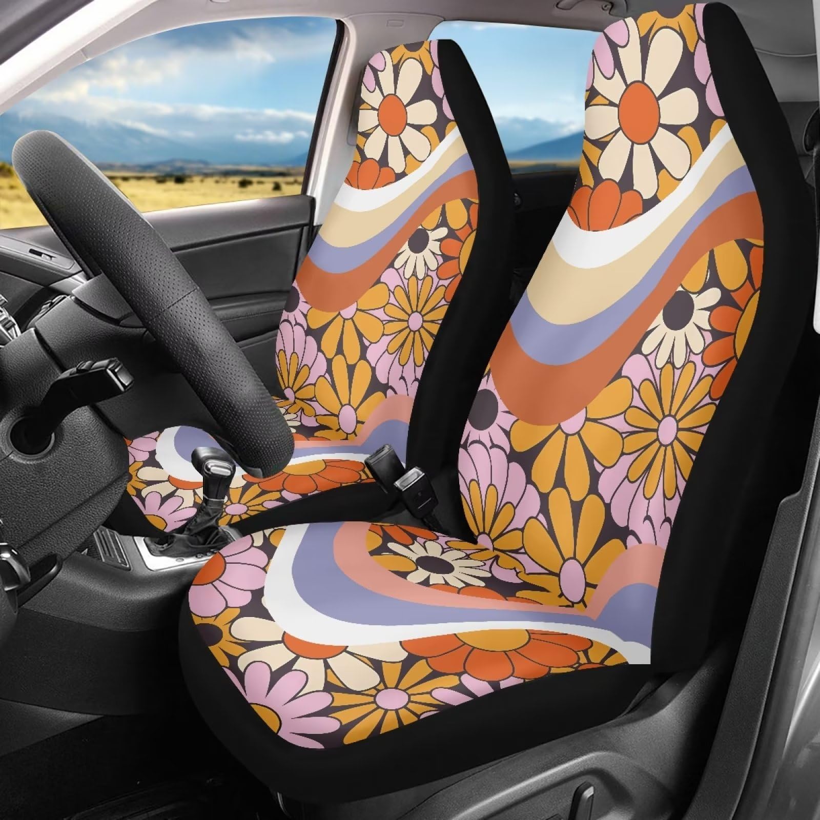 Binienty Hippie Autositzbezüge, Blumenmuster, komplettes Set, gewellte Wirbelstreifen, weicher Schalensitzschutz für Männer und Frauen, Universal Fi von Binienty