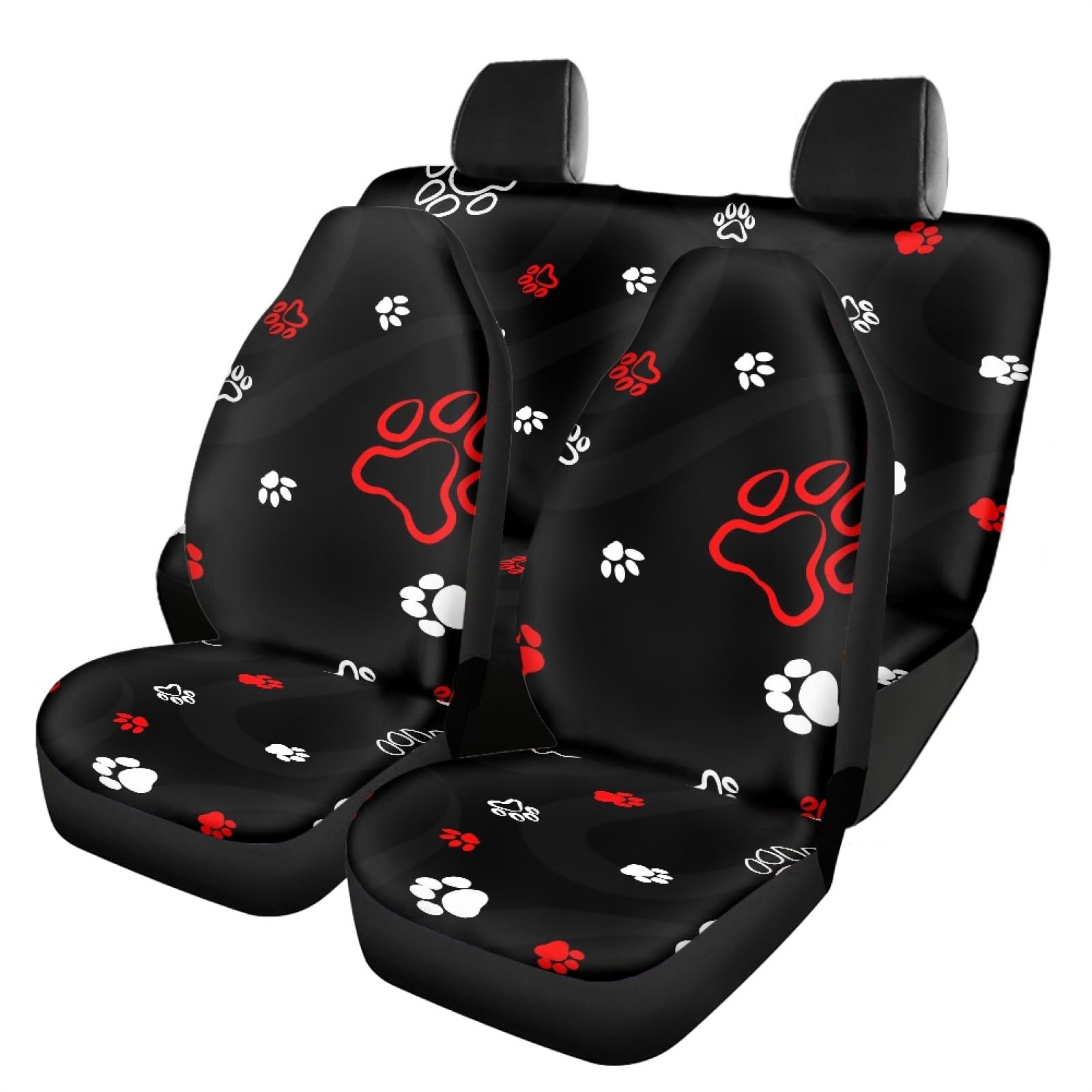 Binienty Autositzbezüge für vorne und hinten, 4-teiliges komplettes Set, strapazierfähiger Stoff, Autositzbezug, passend für die meisten Fahrzeuge, Hundepfoten auf schwarzem Design von Binienty