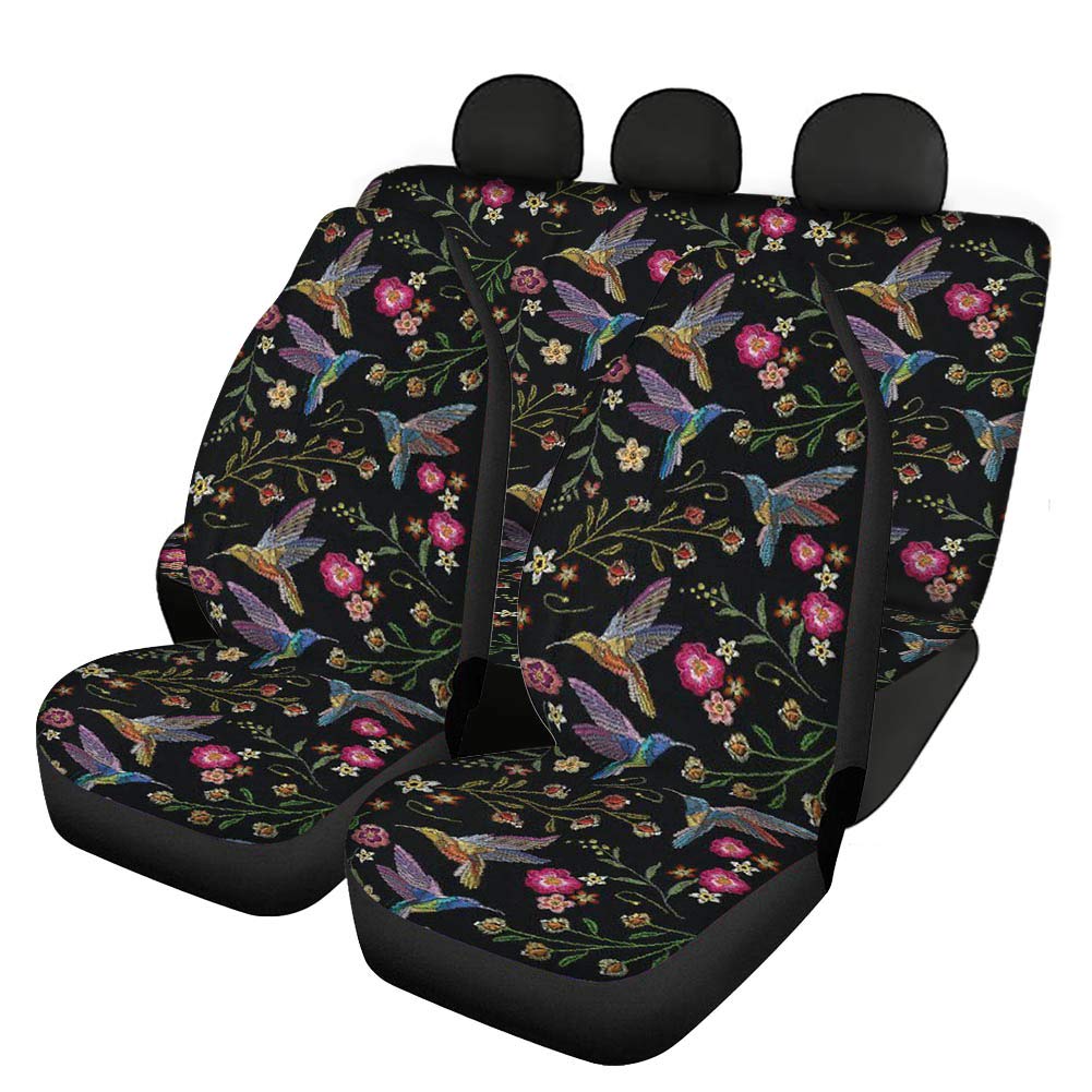 Binienty Kolibri-Sitzbezüge mit Blumenmuster für vorne und hinten, 4er-Set, langlebig, lichtecht, hohe Rückenlehne, Zubehör für Frauen von Binienty