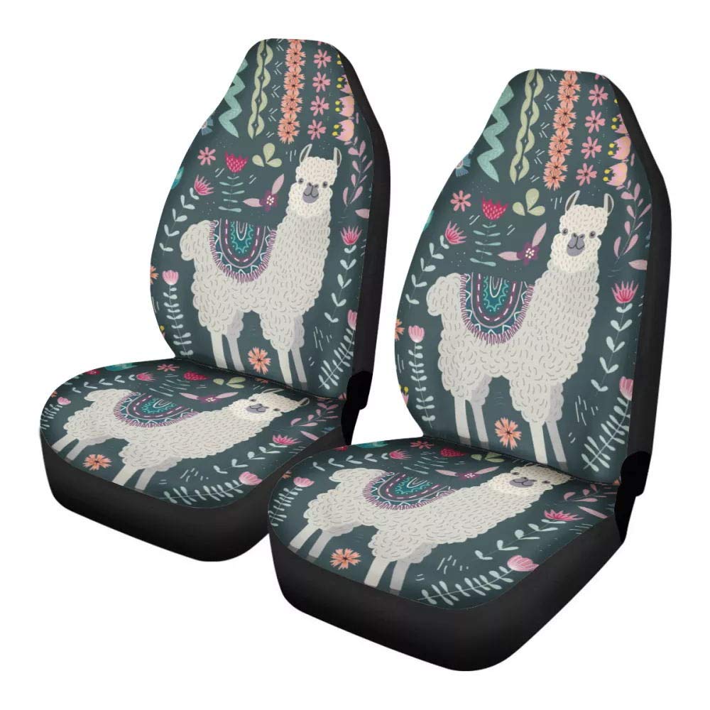 Binienty Llama Alpaka Floral Printed 2 Stück Auto Vordersitzbezüge Kissen Schutz für Damen Herren Universal Fit Auto Dekor Zubehör von Binienty