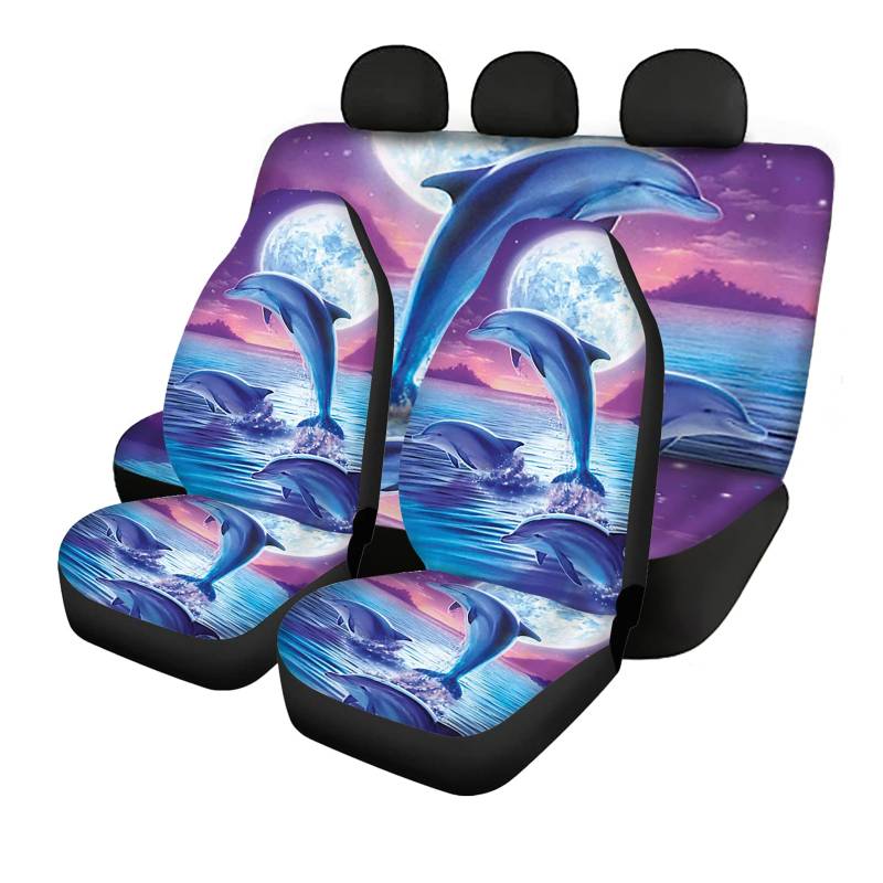 Binienty Ocean Jumping Delfine Print Autositzbezüge für vorne und hinten, 4-teiliges Set, Autositzbezüge, Autodekor-Zubehör von Binienty