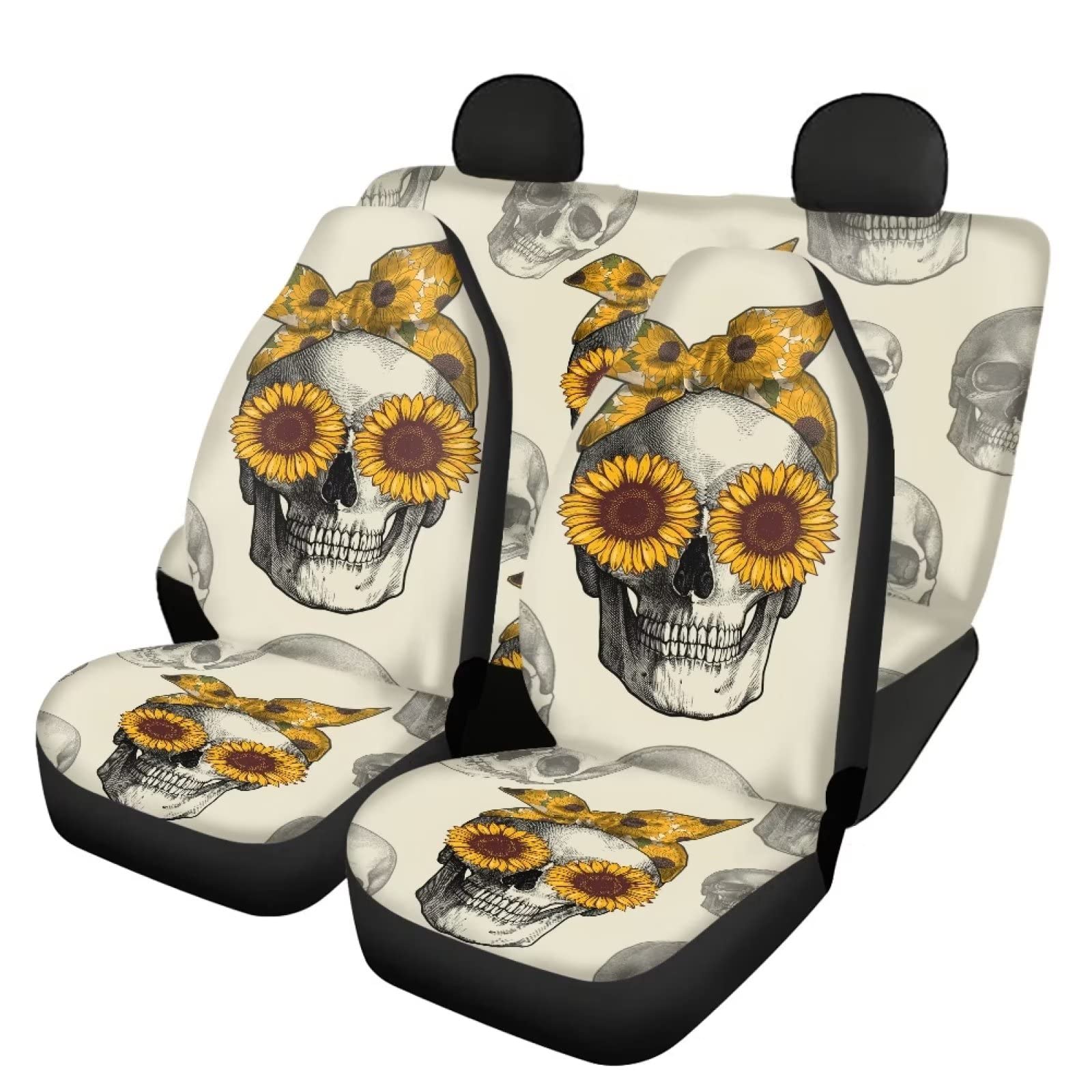 Binienty Robuste Autositzbezüge für vorne und hinten, 4-teiliges Set, Sonnenblumen-Totenkopf-Autositzbezug, schützt den Innenraum des Fahrzeugs vor Schmutz von Binienty