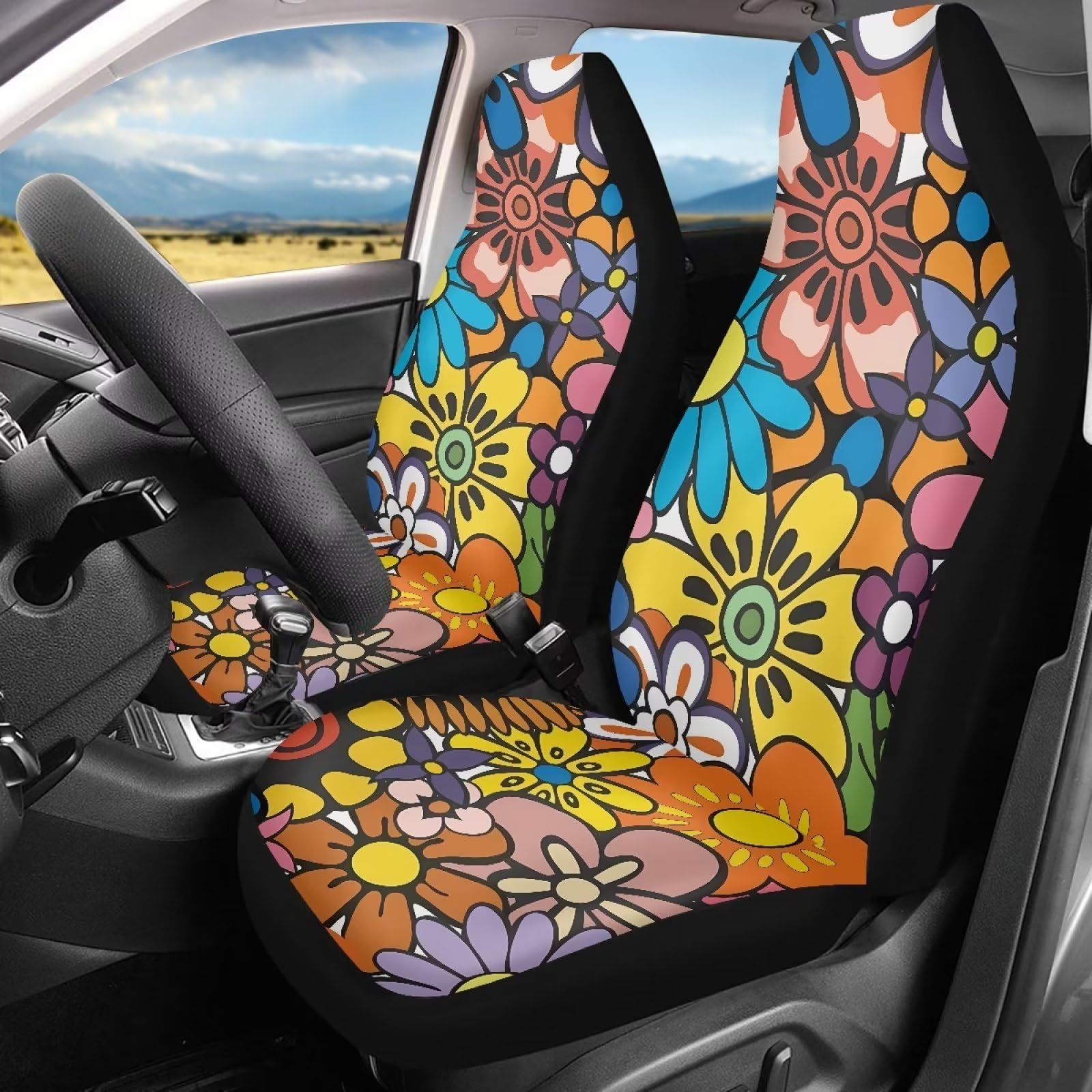 Binienty Rutschfeste Hippie-Autositzbezüge, komplettes Set mit 2 Stück, Blumendruck, Polyestergewebe, weicher Schalensitzschutz, universelle Passform von Binienty