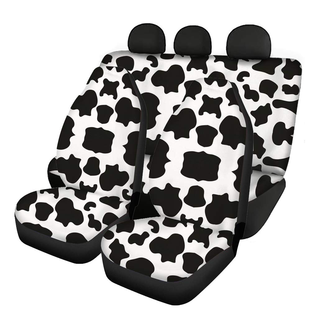 Binienty Sitzbezüge mit Kuh-Druck, für vorne und hinten, weicher, strapazierfähiger Stoff, Bank-Sitzschutz, Kissenbezüge, 4-teiliges Set, schwarz und weiß, universelle Passform von Binienty