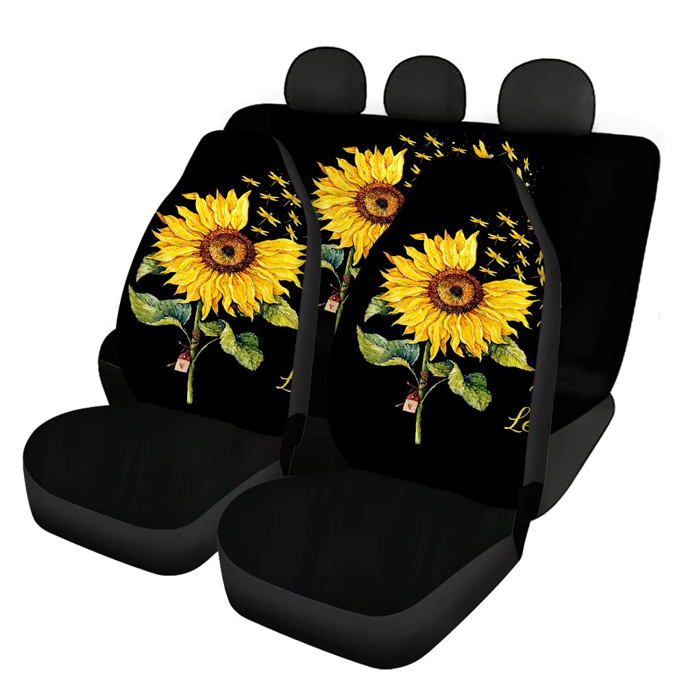 Binienty Sonnenblumen-Libellenmuster Auto dekorative Sitzbezüge für vorne und hinten, Satteldecke, Autositzkissen, 4-teiliges Set von Binienty