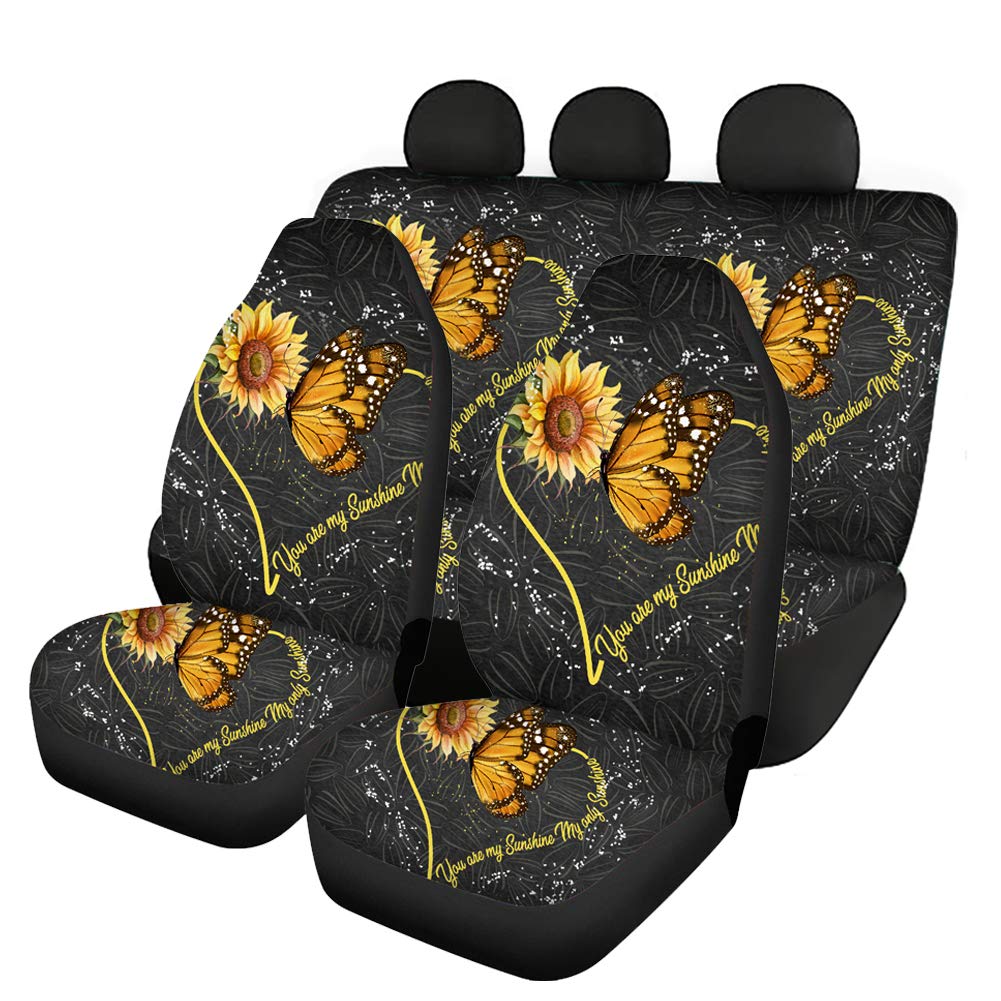 Binienty Sonnenblumen-Schmetterling-Herz-Druck, langlebige Autositzbezüge für vorne und hinten, 4 Stück Autositzschutz, Autozubehör für Frauen von Binienty