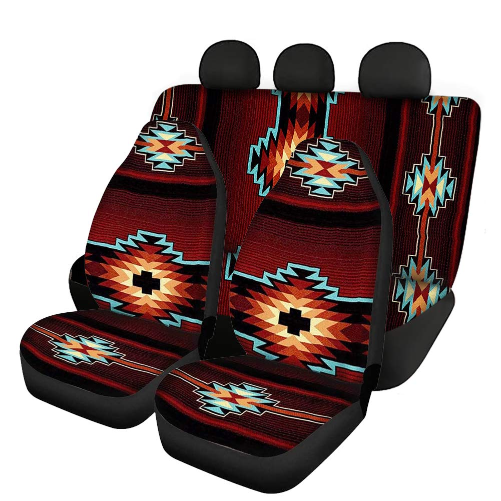 Binienty Southwest Aztec Geometrisches Design Universal Autositzbezüge 4 Stück Satteldecke Stretch Stoff Sitzschoner für vorne und hinten, Tribal Style, Rot von Binienty