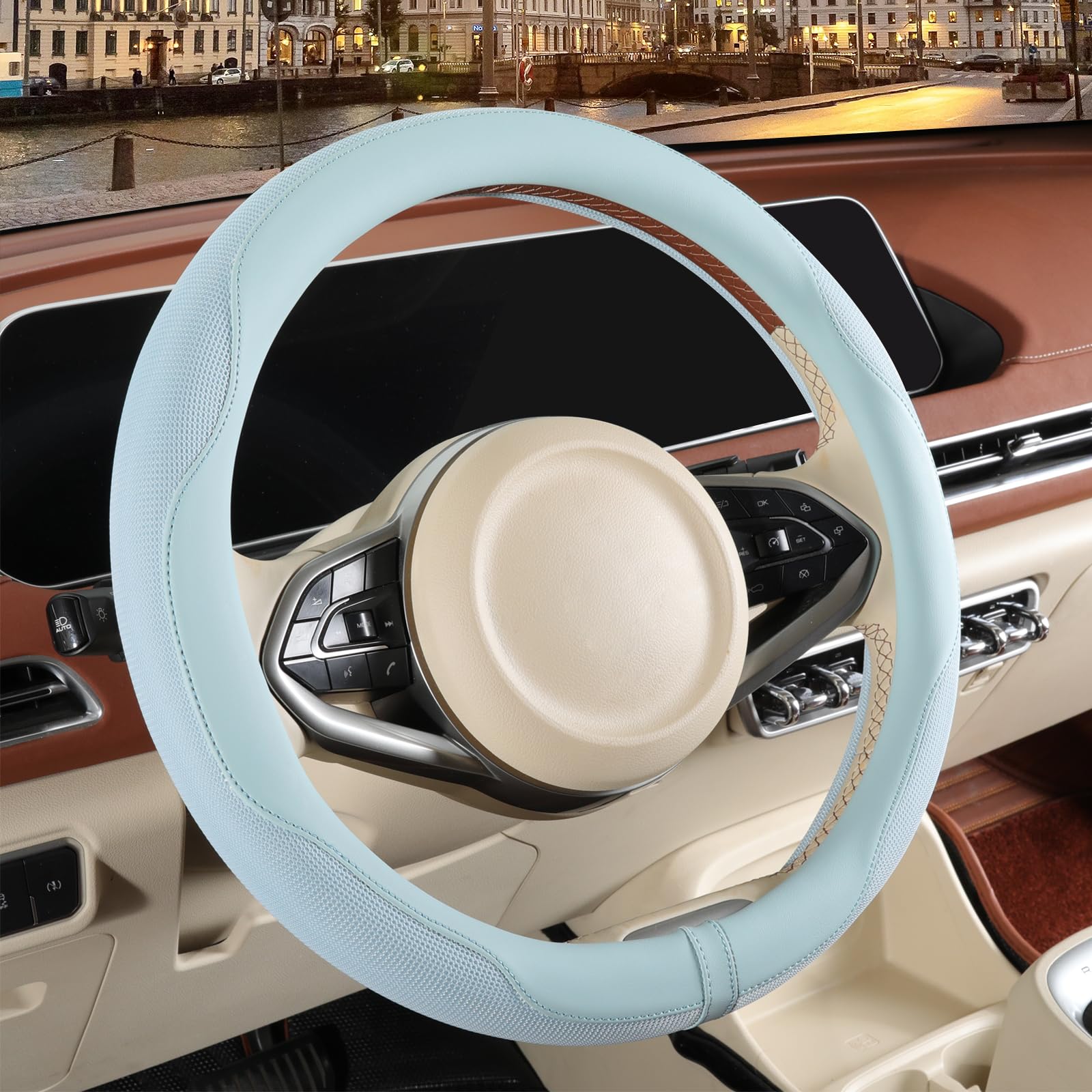 Binsheo Lenkradbezug für Prius Civic, 35,6 cm (14 Zoll), Nappa-Mikrofaser-Leder, rutschfest, atmungsaktiv, warm im Winter und kühl im Sommer, Blau (35,6–36,2 cm) von Binsheo