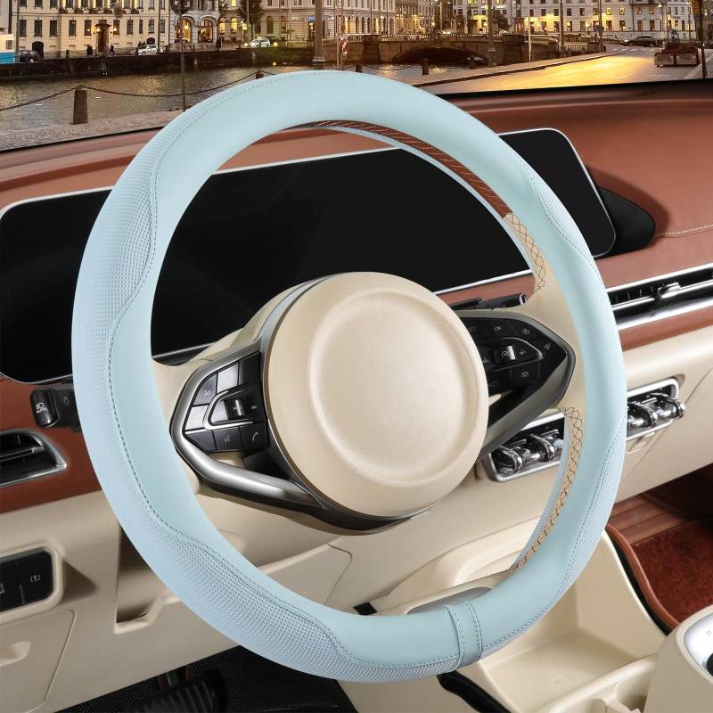 Binsheo Lenkradbezug für Prius Civic, 35,6 cm (14 Zoll), Nappa-Mikrofaser-Leder, rutschfest, atmungsaktiv, warm im Winter und kühl im Sommer, Blau (35,6–36,2 cm) von Binsheo