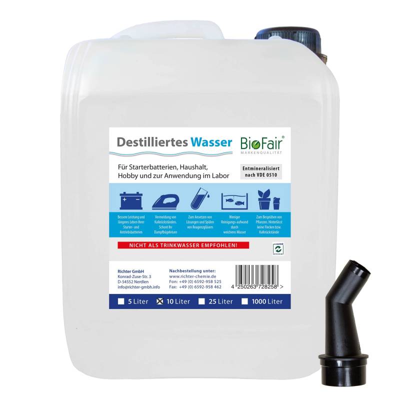 BioFair 10 Liter Kanister Destilliertes/demineralisiertes Wasser nach VDE 0510 von BioFair
