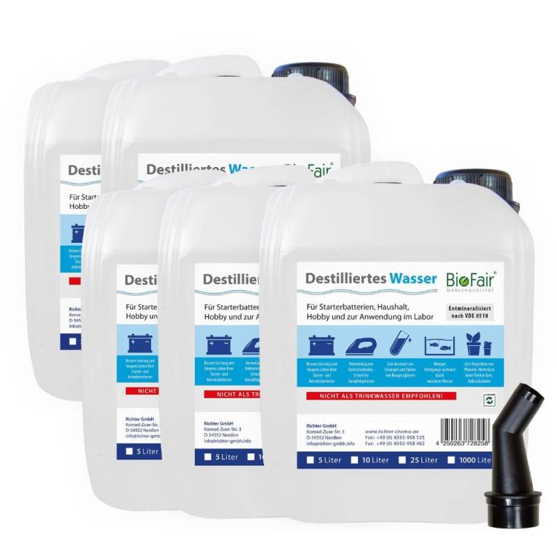 BioFair 25 Liter (5 x 5L Kanister) Destilliertes/demineralisiertes Wasser nach VDE 0510 von BioFair