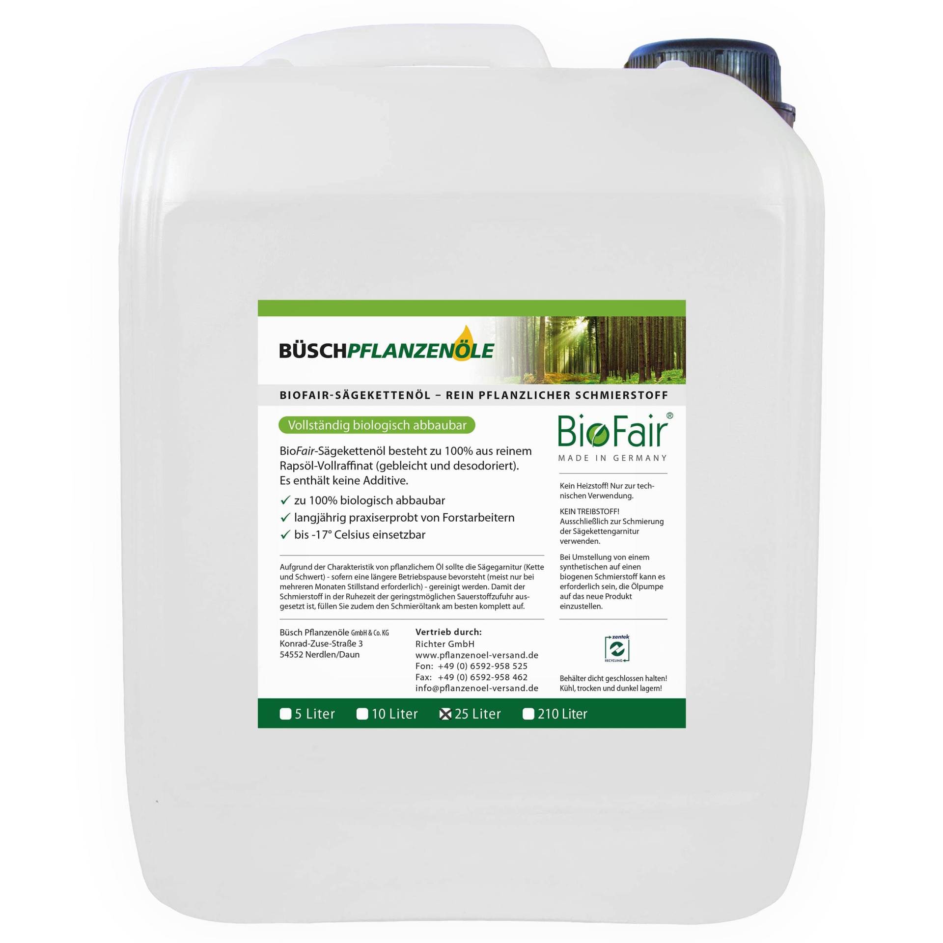 BioFair Sägekettenöl - Kettensägeöl für hohe Leistung und Nachhaltigkeit - Schmieröl aus 100% reinem Rapsöl-Vollraffinat - 25 Liter von BioFair