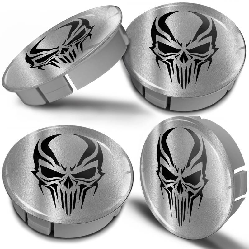 Biomar Labs® 4 x 60 mm Kunststoff Nabenkappen Kappen Felgendeckel Radkappen Radnabendeckel Nabendeckel Totenkopf Schädel Silber Auto Tuning CS 32 von Biomar Labs