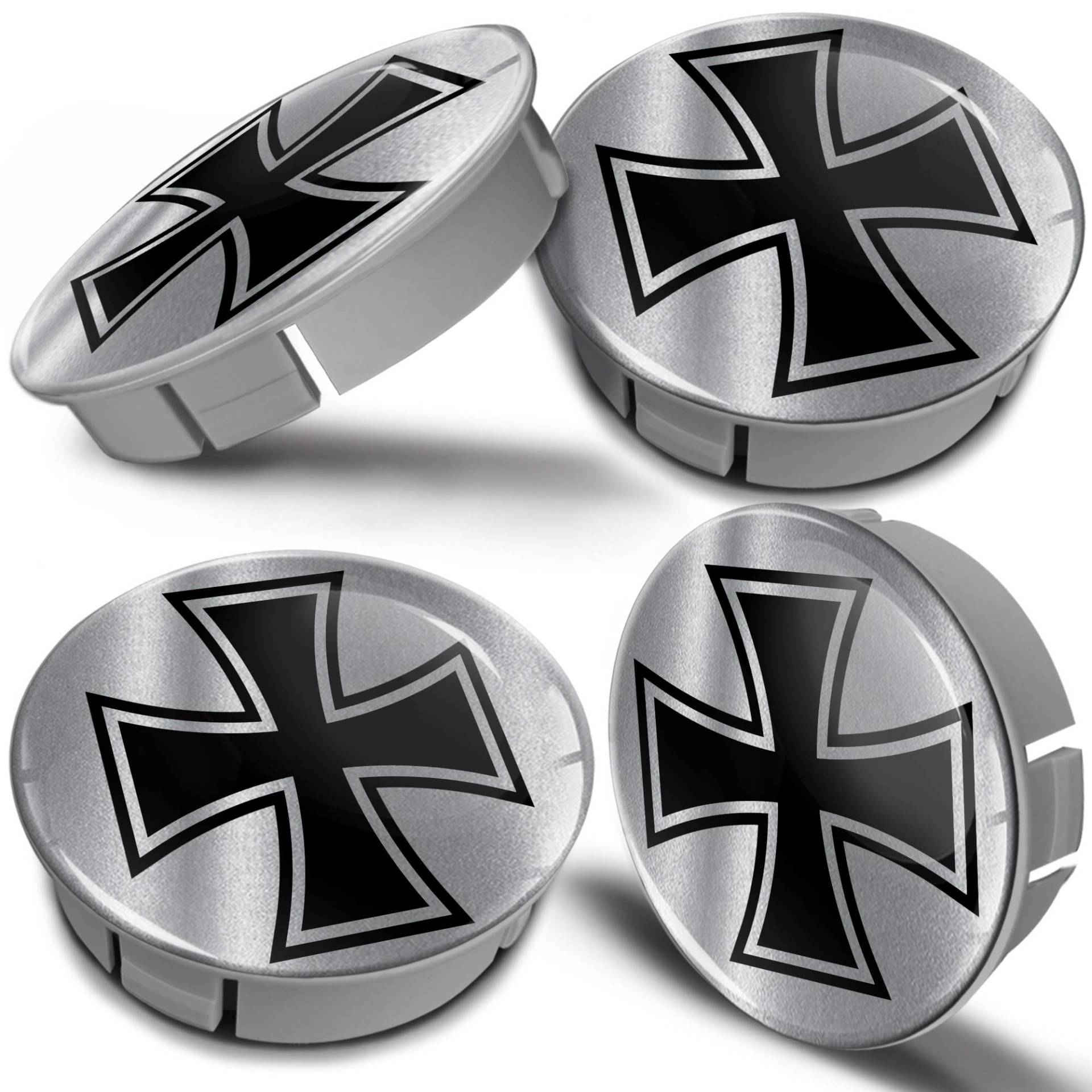 Biomar Labs® 4 x 60mm Kunststoff Nabenkappen Kappen Silber Iron Cross Eisernes Kreuz Silver Felgendeckel Radkappen Radnabendeckel Nabendeckel Auto Tuning CS 13 von Biomar Labs