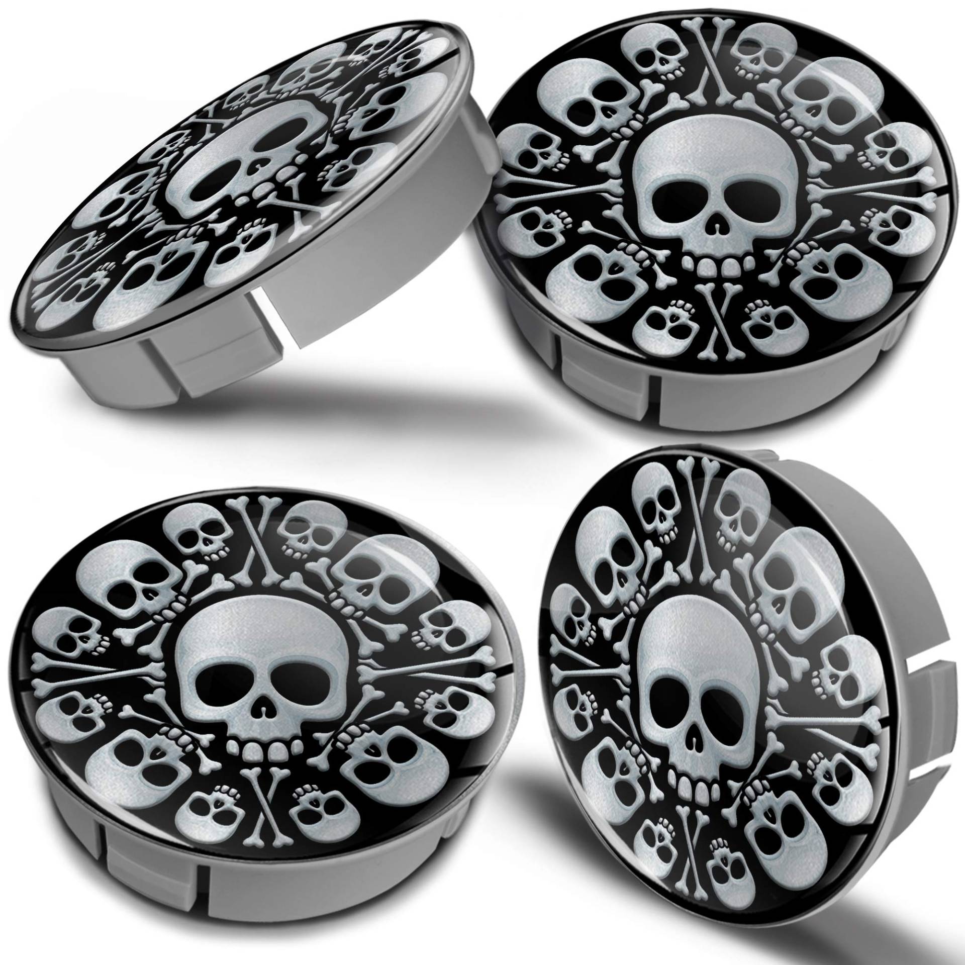 Biomar Labs® 4 x 60mm Kunststoff Nabenkappen Kappen Silber Schädel Totenkopf Silver Skull Felgendeckel Radkappen Radnabendeckel Nabendeckel Auto Tuning CS 8 von Biomar Labs